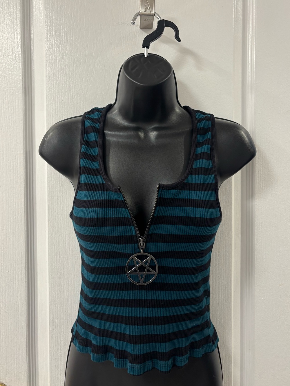 Killstar Ribbed Teal Black Striped Tank with Pentagram Charm Front Zip L